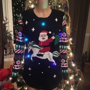 Light Up Patterned Tacky Christmas Sweater w Santa